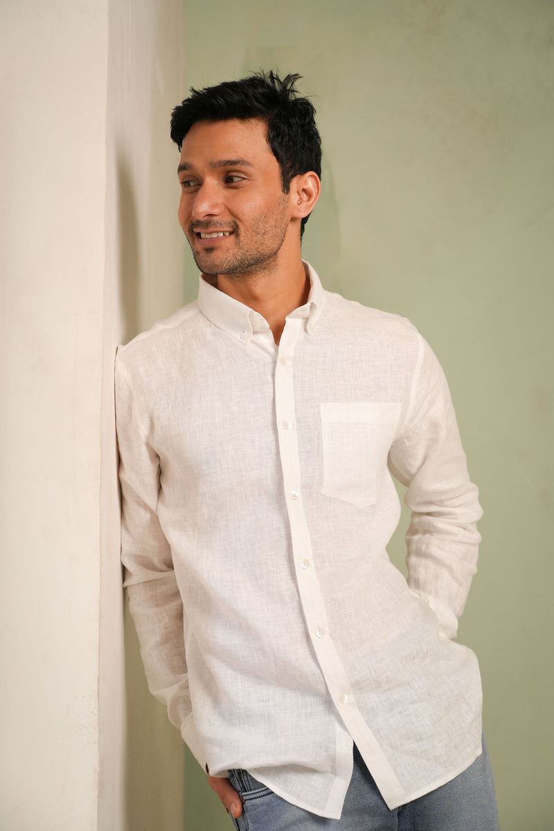 Earthy Route Full Sleeve Button Down Collar Shirt in 100% Linen | Classic White