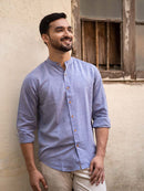 Earthy Route Tencel™ Lyocell Linen Mandarin Collar Shirt in Steel Blue