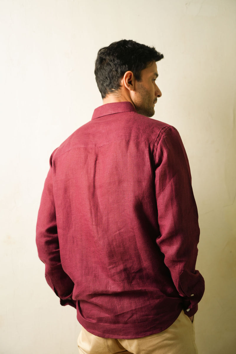 Earthy Route Full Sleeve Button Down Collar Shirt in 100% Linen | Wine Maroon
