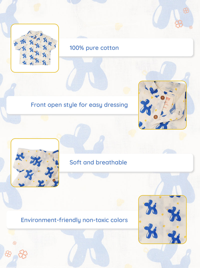 Greendigo Organic Cotton Pack of 1 Printed Shirt for Newborn Baby Boys - Blue and White