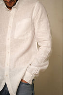 Earthy Route Full Sleeve Button Down Collar Shirt in 100% Linen | Classic White