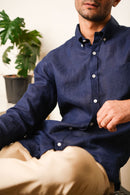 Earthy Route Full Sleeve Button Down Collar Shirt in 100% Linen | Royal Navy
