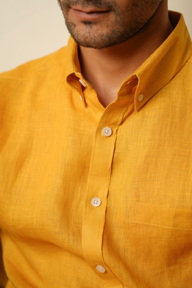 Earthy Route Full Sleeve Button Down Collar Shirt in 100% Linen | Sunset Mustard