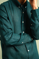 Earthy Route Full Sleeve Button Down Collar Shirt in 100% Linen | Ocean Teal