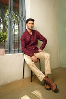 Earthy Route Full Sleeve Button Down Collar Shirt in 100% Linen | Wine Maroon