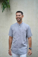 Earthy Route Half Sleeve Mandarin Collar Shirt in TENCEL™ Lyocell Linen | Slate Grey