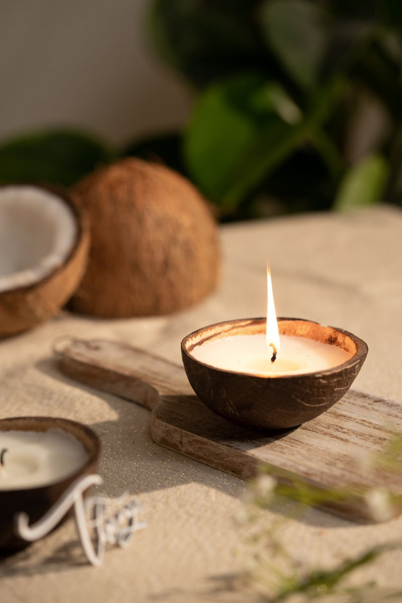 Thenga Brown Coconut Shell Eco-Friendly Candle/Diya | Coconut Scented White Candles ( Set of 2 )