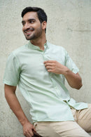Earthy Route Half Sleeve Mandarin Collar Shirt in TENCEL™ Lyocell Linen | Fresh Green