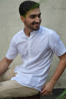 Earthy Route Half Sleeve Mandarin Collar Shirt in TENCEL™ Lyocell Linen | Snow White
