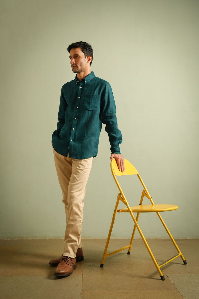 Earthy Route Full Sleeve Button Down Collar Shirt in 100% Linen | Ocean Teal