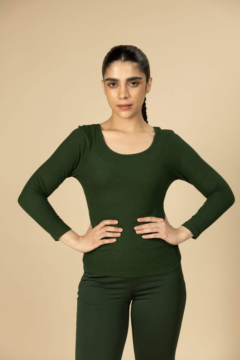 Carbontree Bamboo Women Pine Green Full Sleeve Rib Top