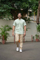 Earthy Route Half Sleeve Mandarin Collar Shirt in TENCEL™ Lyocell Linen | Fresh Green