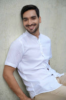 Earthy Route Half Sleeve Mandarin Collar Shirt in TENCEL™ Lyocell Linen | Snow White