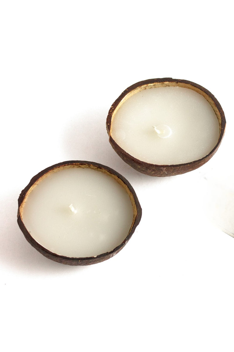 Thenga Brown Coconut Shell Eco-Friendly Candle/Diya | Coconut Scented White Candles ( Set of 2 )