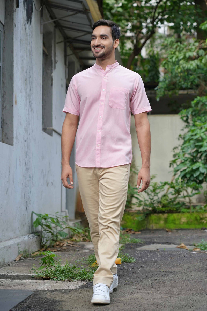 Earthy Route Half Sleeve Mandarin Collar Shirt in TENCEL™ Lyocell Linen | Charm Pink