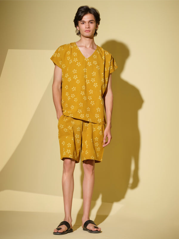 Vasudhaa Vastrram Vishram - Men'S Organic Block Printed Linen And Bamboo Mustard Yellow Co-Ord