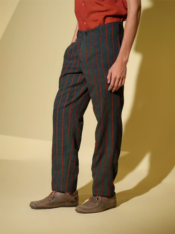 Vasudhaa Vastrram Rekha - Men'S Organic Block Printed Linen And Bamboo Flat Front Waistband Pant