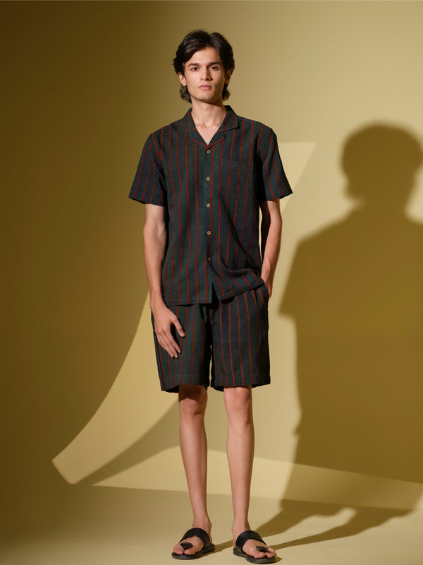 Vasudhaa Vastrram Neelambar - Men'S Organic Block Printed Linen And Bamboo Striped Co-Ord Set