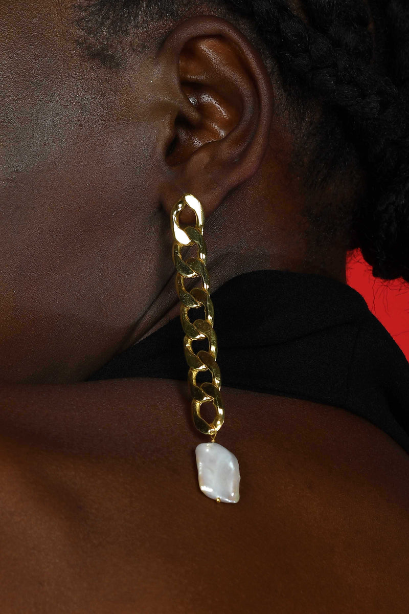 Arvino Cuban Chain Baroque Pearl Earrings (Water Resistance Premium Plating)