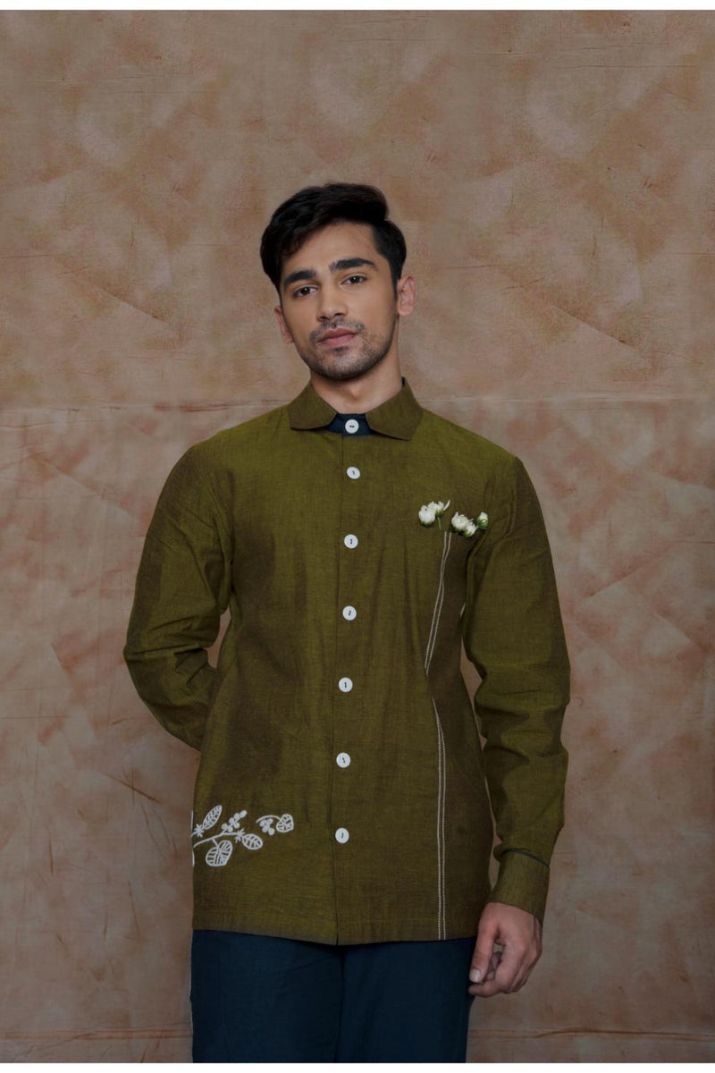 Anushé Pirani Handwoven Cotton Men's Olive Shirt