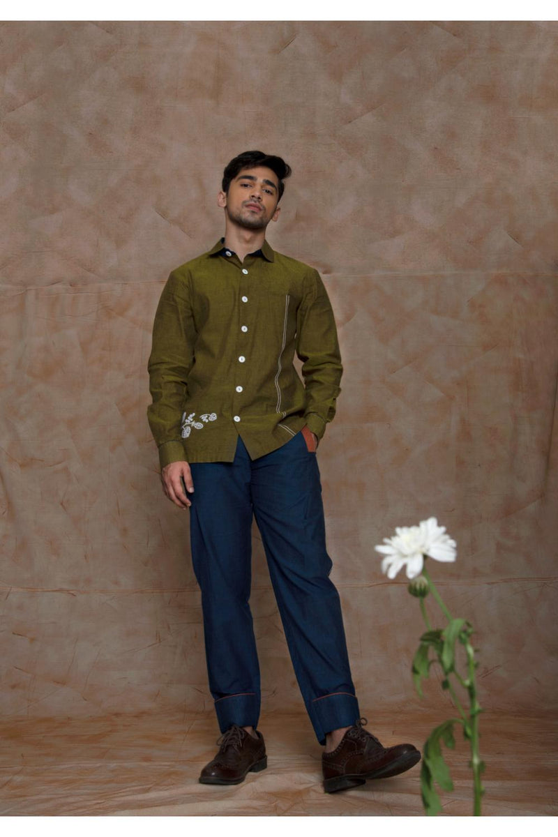 Anushé Pirani Handwoven Cotton Men's Olive Shirt