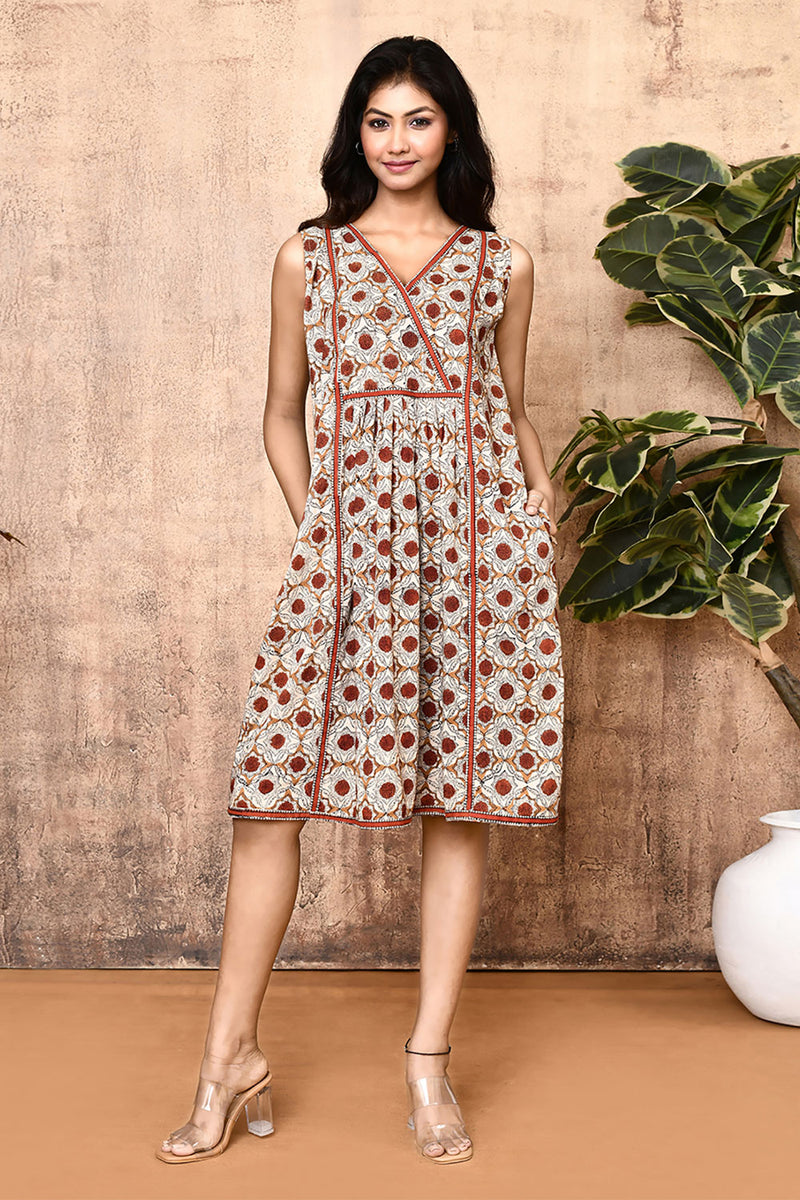 Expressions By UV Aaheli Cream Block Printed Knee Length Cotton Dress