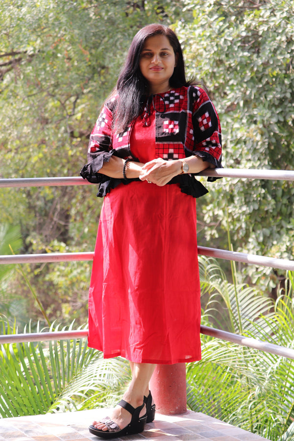 Earthyweaves Women's Red Sambalpuri Cotton Dress With Red and Black Open Jacket