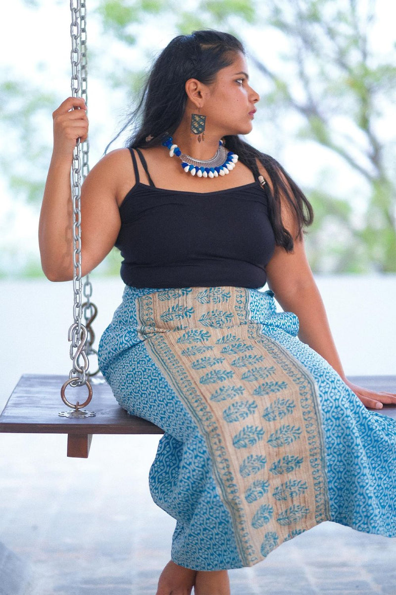 Asian In Me |Cotton-Silk Women's Blue A-Line Long Skirt |Anat Skirt