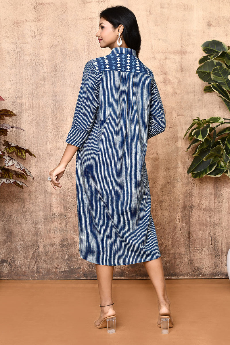 Expressions By UV Arika Indigo Block Printed Cotton Long Shirt Dress