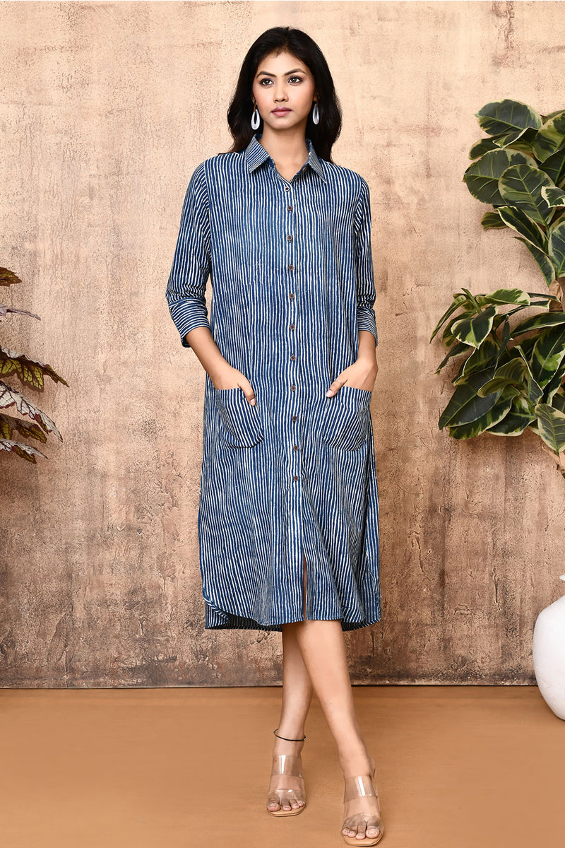 Expressions By UV Arika Indigo Block Printed Cotton Long Shirt Dress