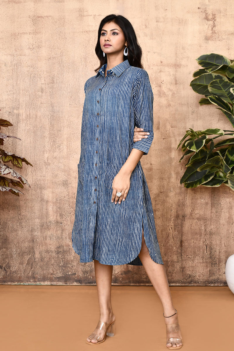 Expressions By UV Arika Indigo Block Printed Cotton Long Shirt Dress