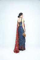 anushé pirani Modal Silk Women Indigo/Terracotta Eden Saree (Pre-Stitched)