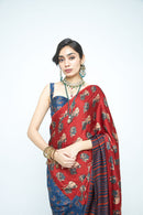 anushé pirani Modal Silk Women Indigo/Terracotta Eden Saree (Pre-Stitched)