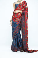 anushé pirani Modal Silk Women Indigo/Terracotta Eden Saree (Un-Stitched)