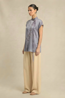 Neora by Nehal Chopra Steel Grey Crew Neck Blouse