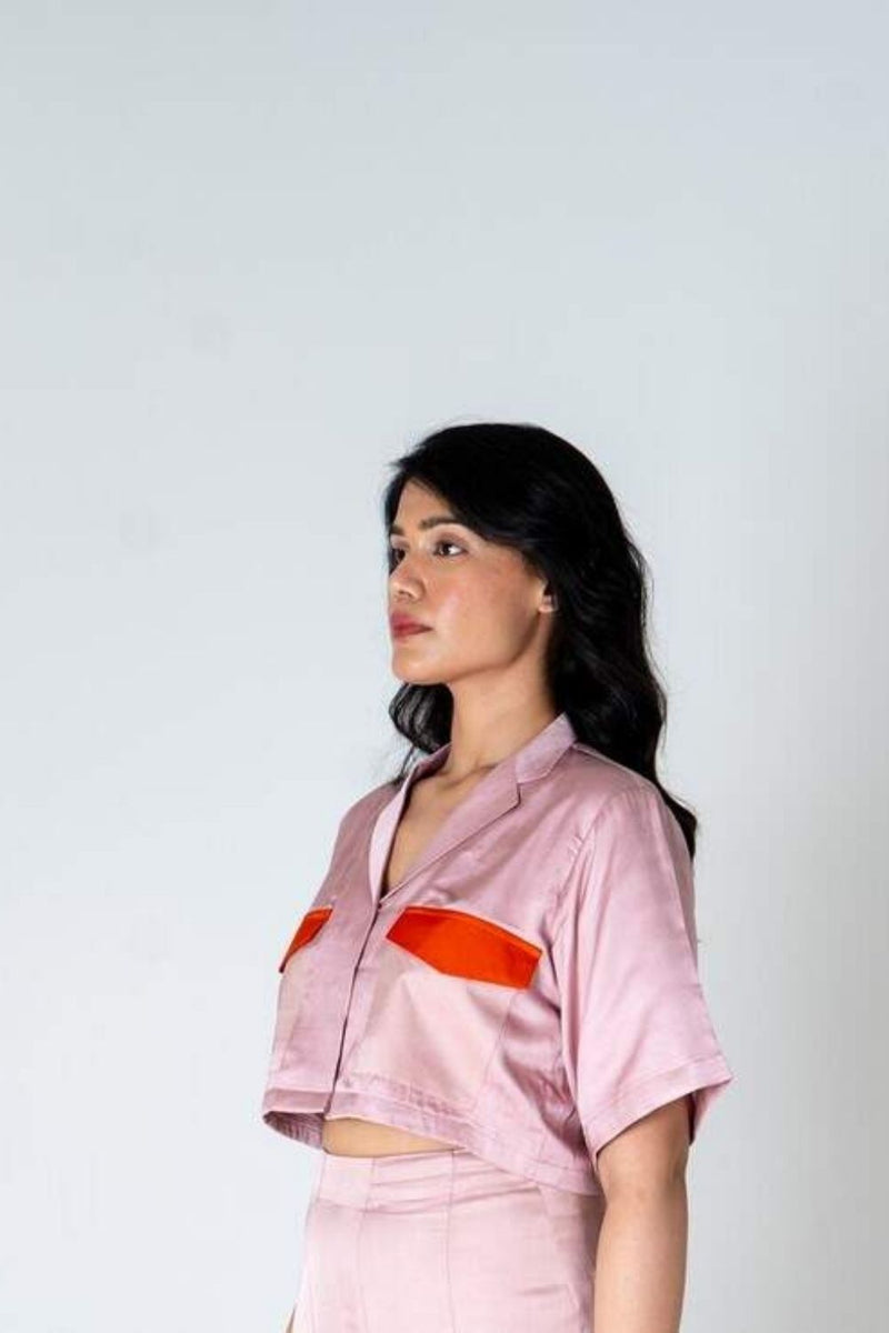 Neora by Nehal Chopra Pink-Orange Color-Blocked Crop top