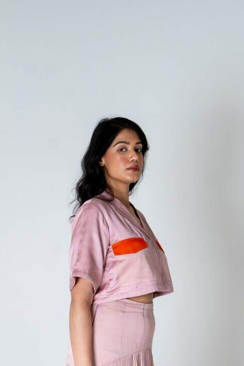 Neora by Nehal Chopra Pink-Orange Color-Blocked Crop top