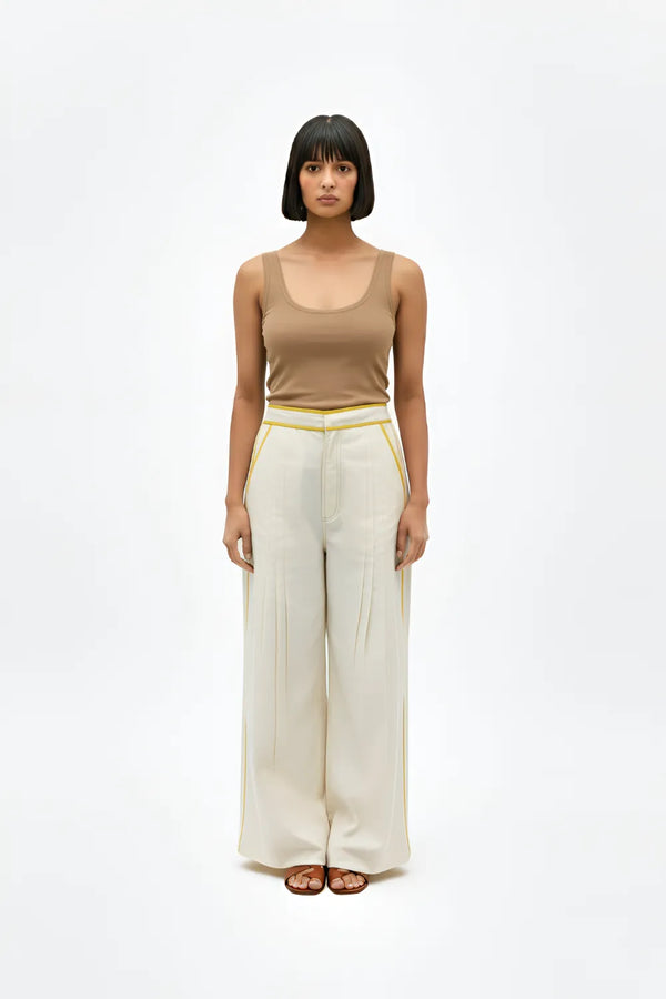 Ivory-Mango Yellow Pintucks Pants