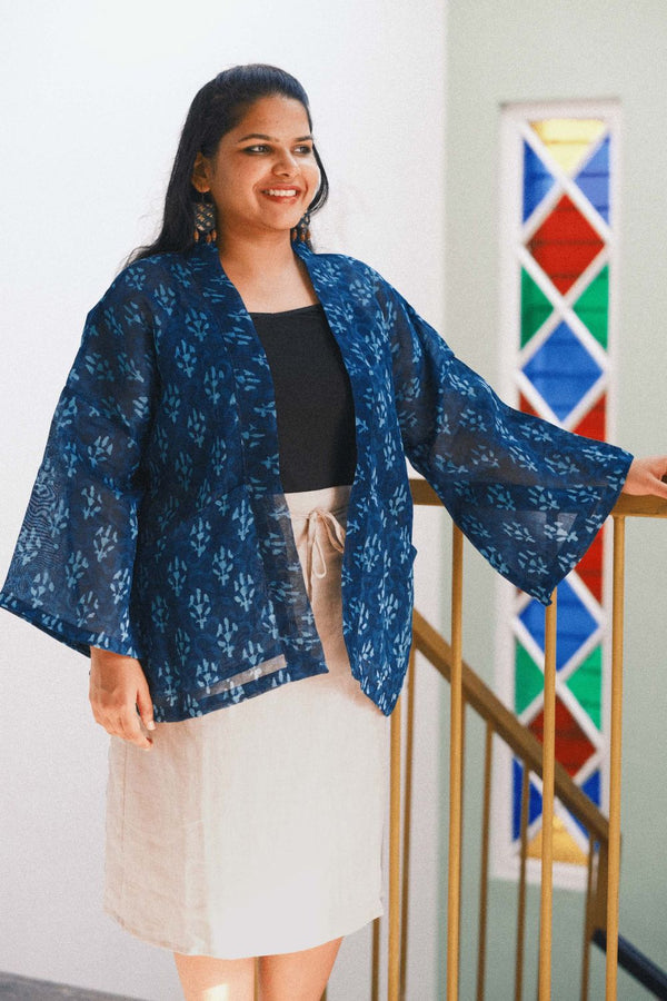 Asian In Me | Crafted from pre-loved handwoven saree | Unisex Blue Kimono Jacket| Yoru-kimono