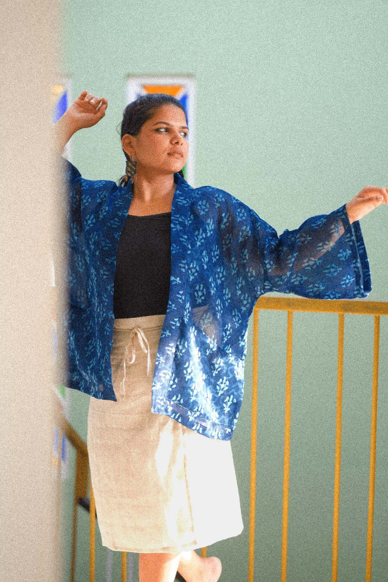 Asian In Me | Crafted from pre-loved handwoven saree | Unisex Blue Kimono Jacket| Yoru-kimono