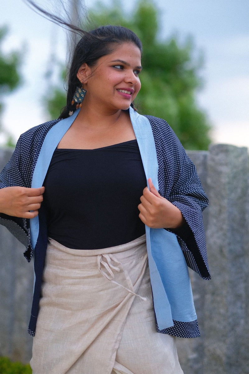 Asian In Me Crafted from Upcycled Cotton Fabric Unisex Blue Kimono Jacket| Yoru-kimono
