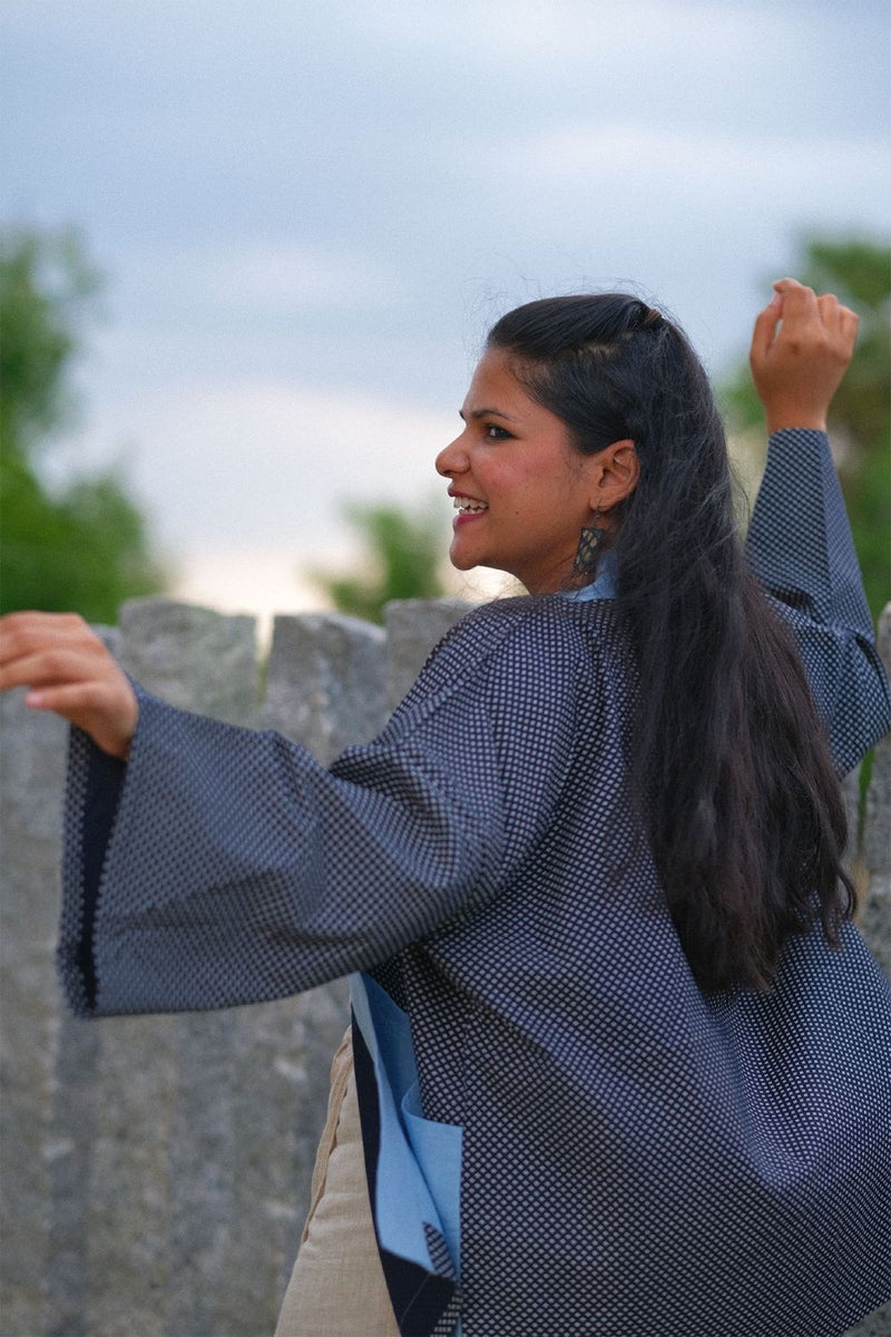 Asian In Me | Crafted from Upcycled Cotton Fabric | Unisex Blue Kimono Jacket| Yoru-kimono