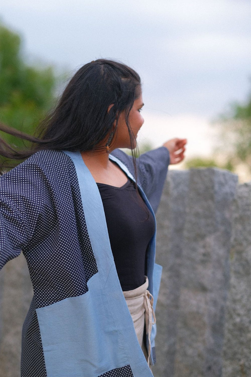 Asian In Me | Crafted from Upcycled Cotton Fabric | Unisex Blue Kimono Jacket| Yoru-kimono