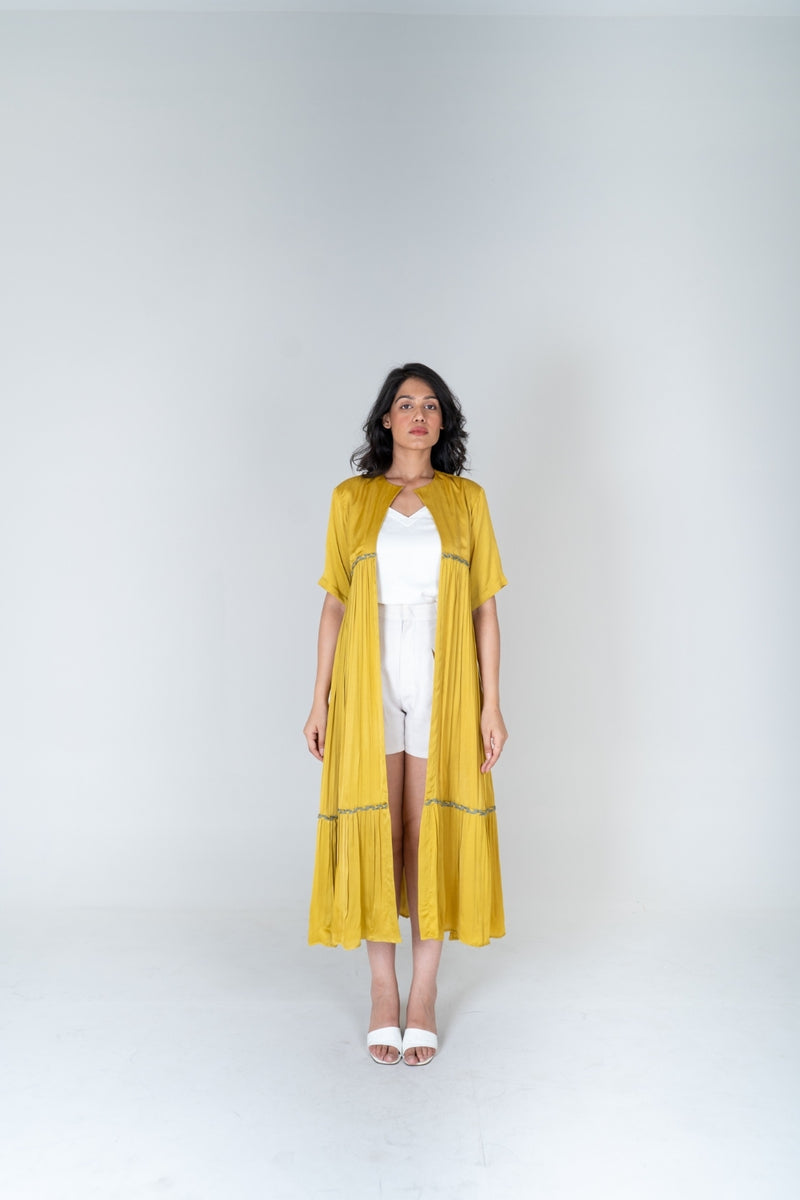 Neora by Nehal Chopra Yellow-Green Braided Gather Long Cape