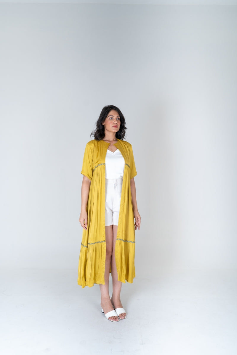 Neora by Nehal Chopra Yellow-Green Braided Gather Long Cape