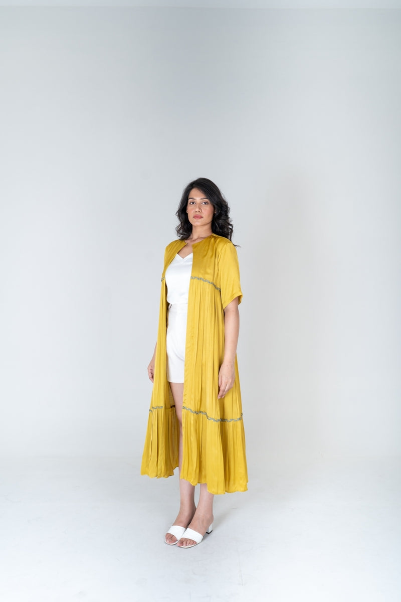 Neora by Nehal Chopra Yellow-Green Braided Gather Long Cape