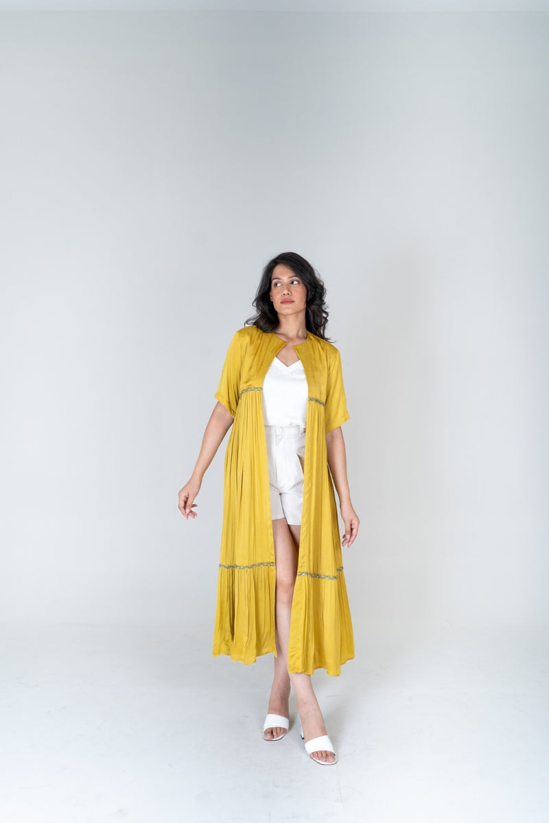 Neora by Nehal Chopra Yellow-Green Braided Gather Long Cape