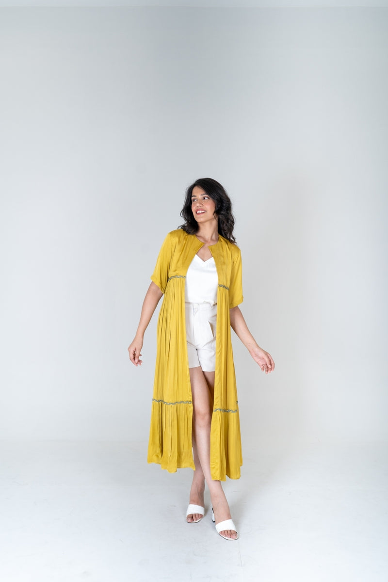 Neora by Nehal Chopra Yellow-Green Braided Gather Long Cape