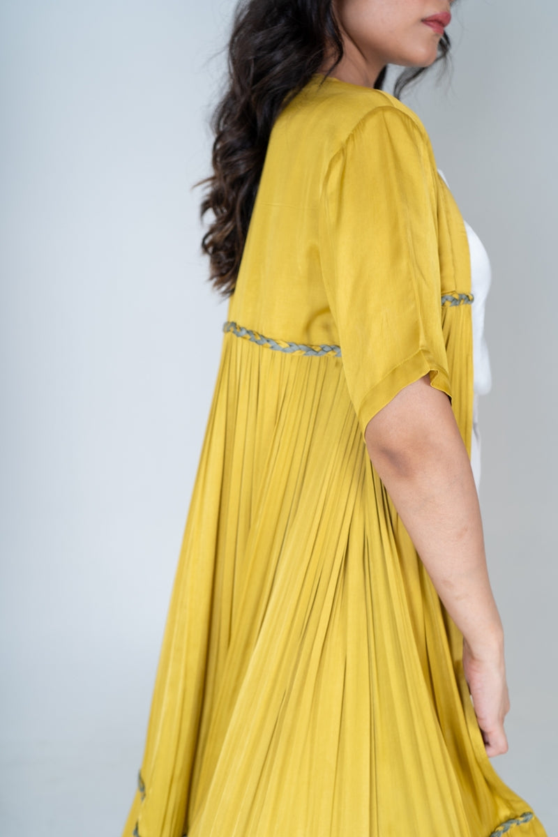 Neora by Nehal Chopra Yellow-Green Braided Gather Long Cape