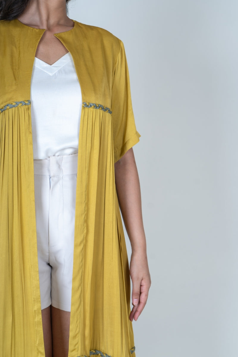 Neora by Nehal Chopra Yellow-Green Braided Gather Long Cape